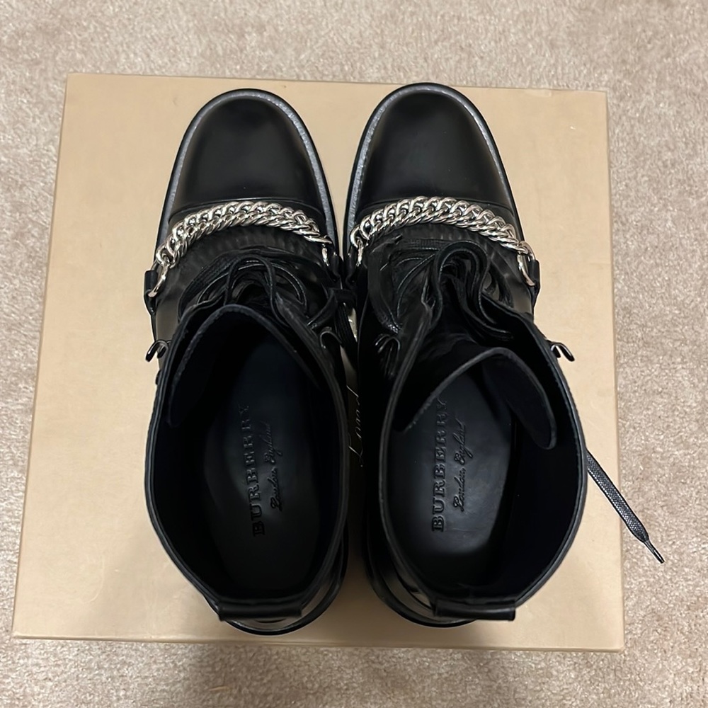 Burberry London Black Leather Combat Boots with Silver Chain - Picture 4 of 8
